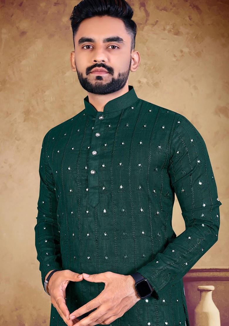 Green Embroidered Pure Heavy Cotton Kurta Set For Men