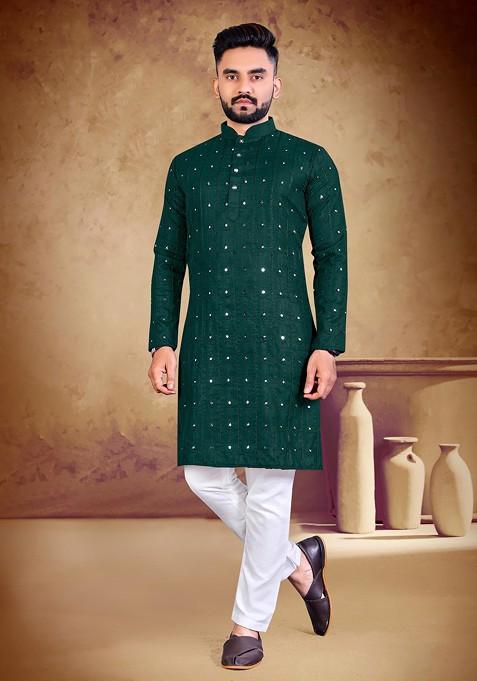 Green Embroidered Pure Heavy Cotton Kurta Set For Men