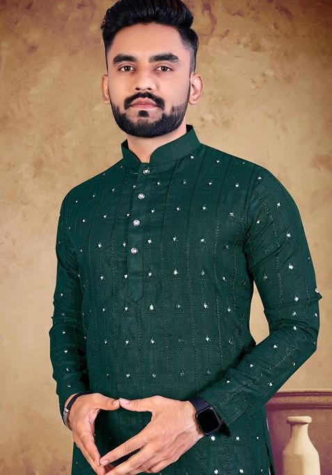 Green Embroidered Pure Heavy Cotton Kurta Set For Men