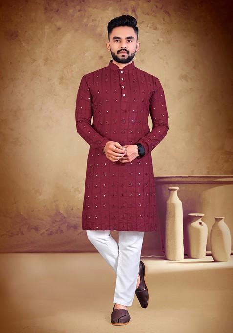 Maroon Embroidered Pure Heavy Cotton Kurta Set For Men