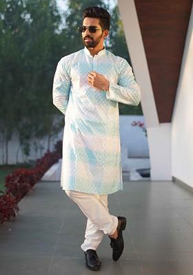 White And Light Blue Embroidered Heavy Poly Cotton Kurta Set For Men