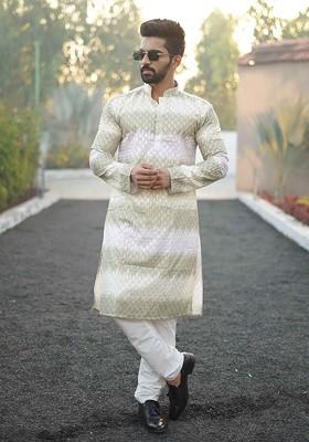 White And Olive Embroidered Heavy Poly Cotton Kurta Set For Men