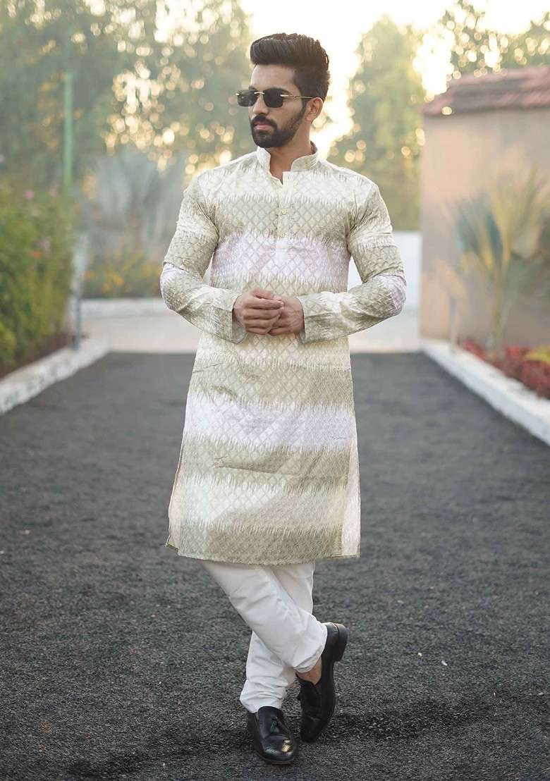 White And Olive Embroidered Heavy Poly Cotton Kurta Set For Men - Indya