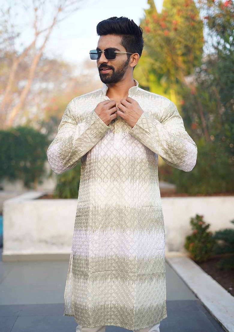 White And Olive Embroidered Heavy Poly Cotton Kurta Set For Men - Indya