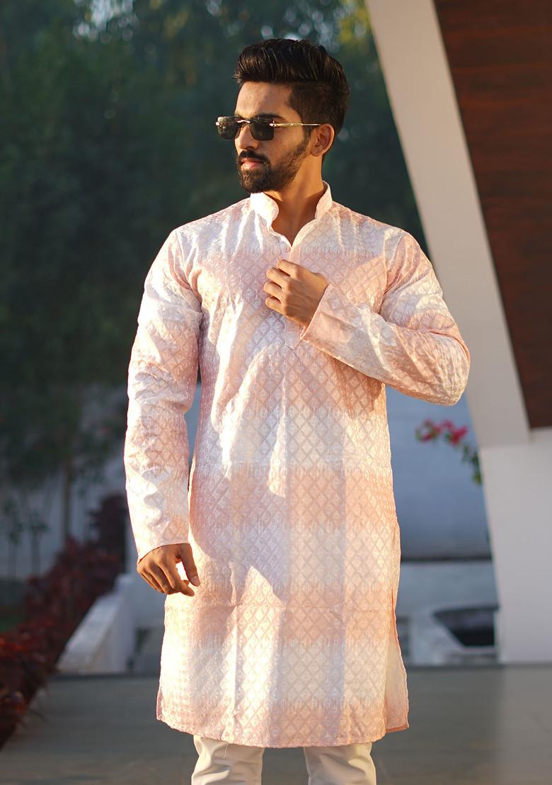 White And Peach Embroidered Heavy Poly Cotton Kurta Set For Men