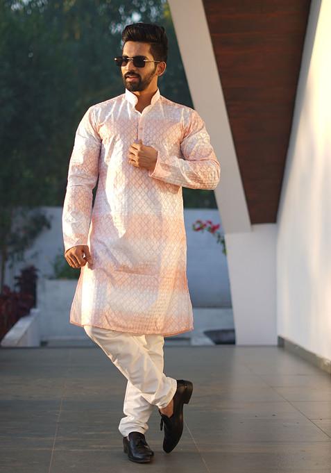 White And Peach Embroidered Heavy Poly Cotton Kurta Set For Men