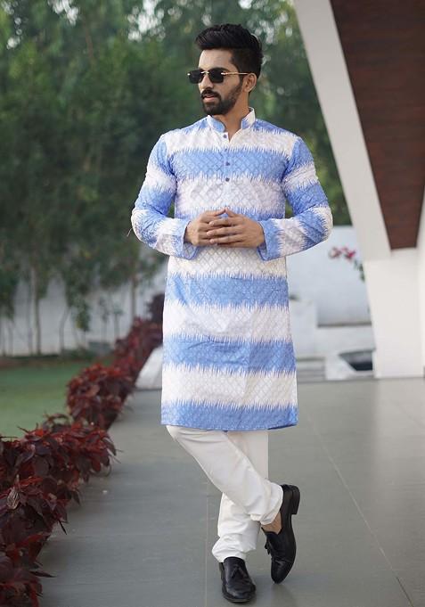 White And Blue Embroidered Heavy Poly Cotton Kurta Set For Men