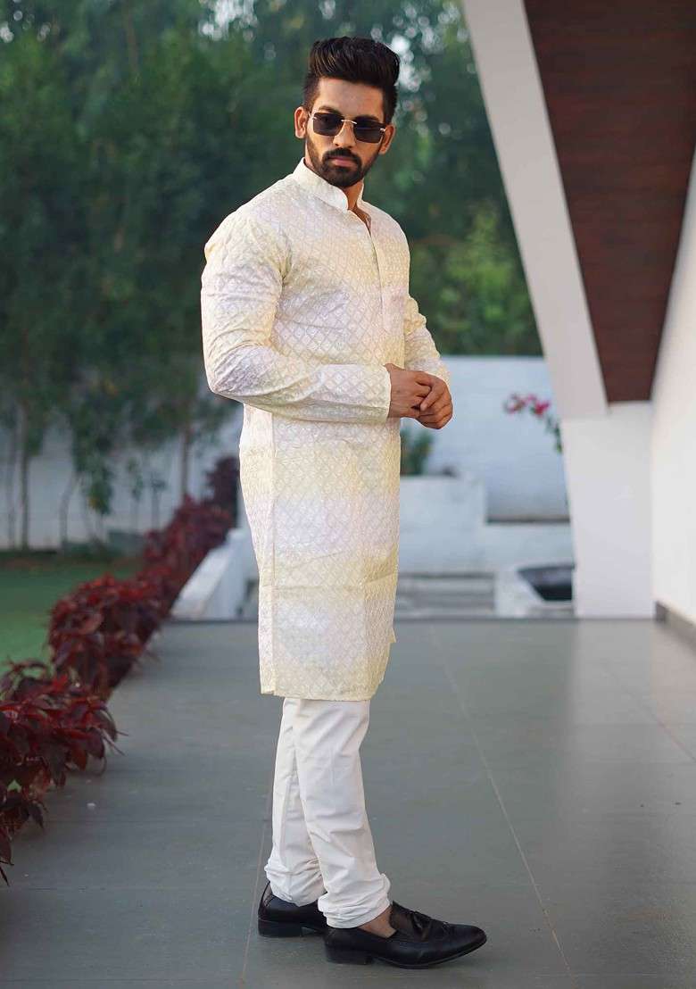 White And Yellow Embroidered Heavy Poly Cotton Kurta Set For Men - Indya