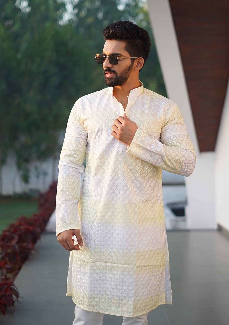 White And Yellow Embroidered Heavy Poly Cotton Kurta Set For Men - Indya
