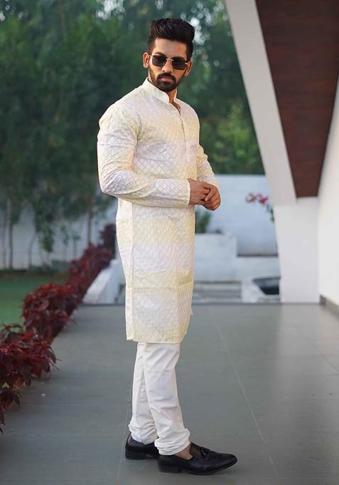 White And Yellow Embroidered Heavy Poly Cotton Kurta Set For Men