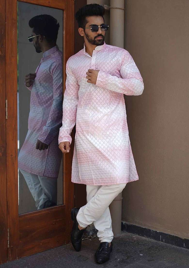 White And Pink Embroidered Heavy Poly Cotton Kurta Set For Men - Indya