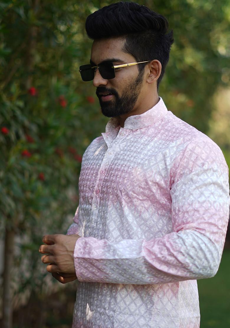 White And Pink Embroidered Heavy Poly Cotton Kurta Set For Men
