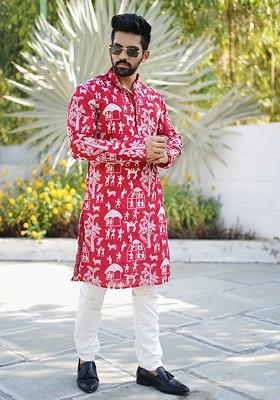 Tomato Red Embroidered Soft Parbon Silk Kurta Set For Men
