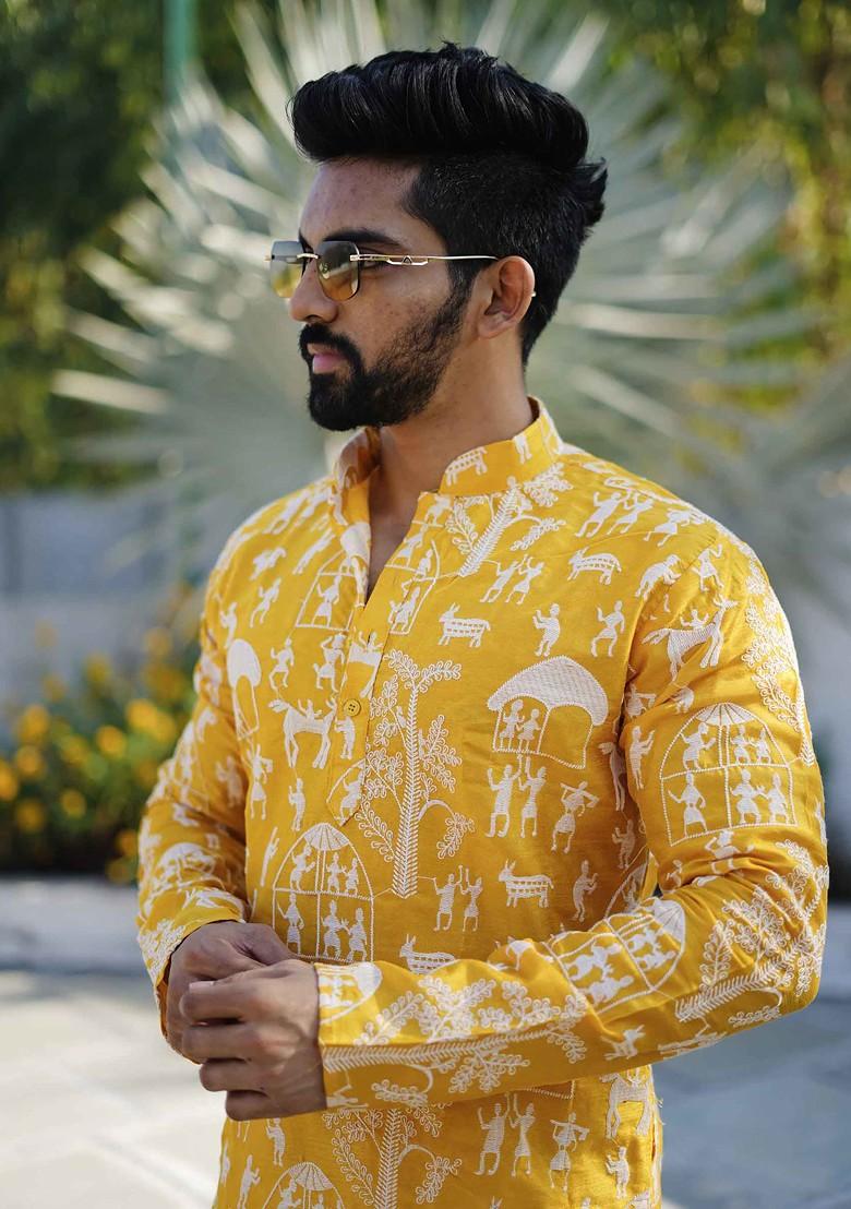 Mustard Embroidered Soft Parbon Silk Kurta Set For Men
