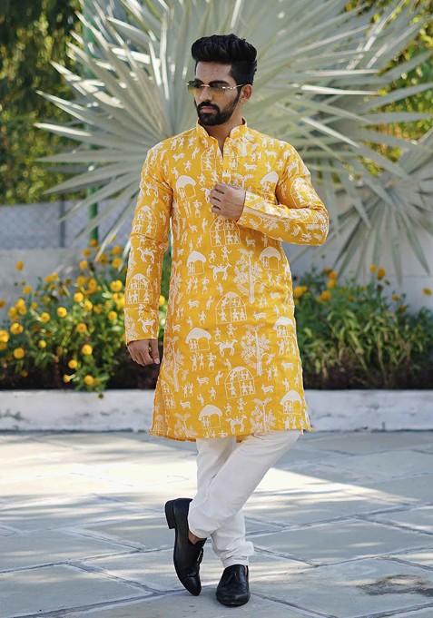 Mustard Embroidered Soft Parbon Silk Kurta Set For Men