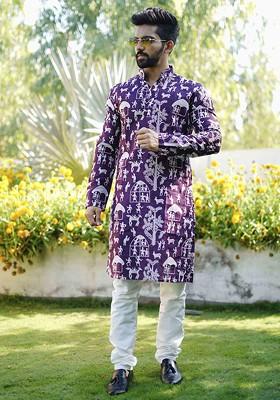 Purple Embroidered Soft Parbon Silk Kurta Set For Men