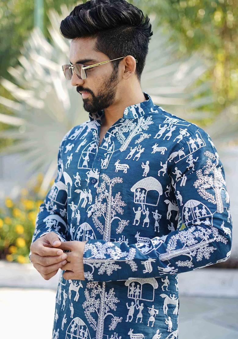 Teal Embroidered Soft Parbon Silk Kurta Set For Men