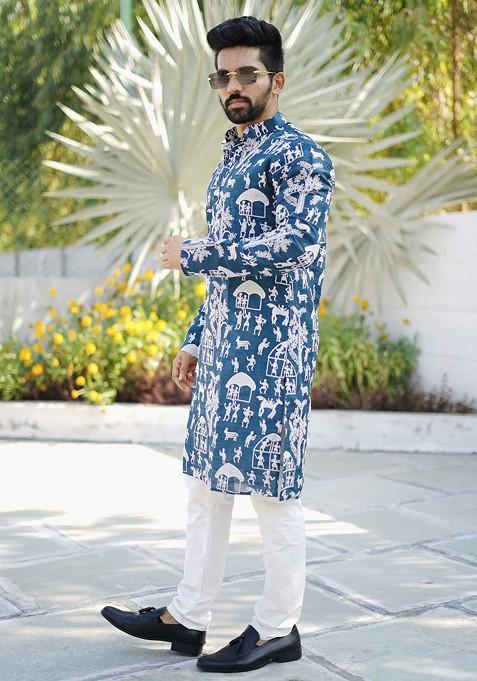 Teal Embroidered Soft Parbon Silk Kurta Set For Men