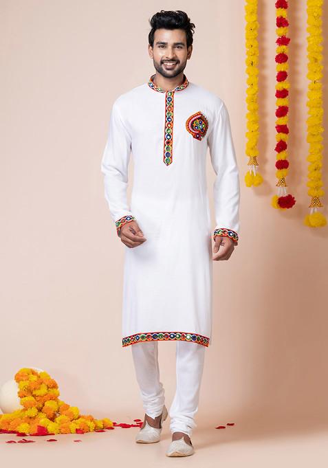 White Embroidered Heavy Rayon Kurta Set For Men