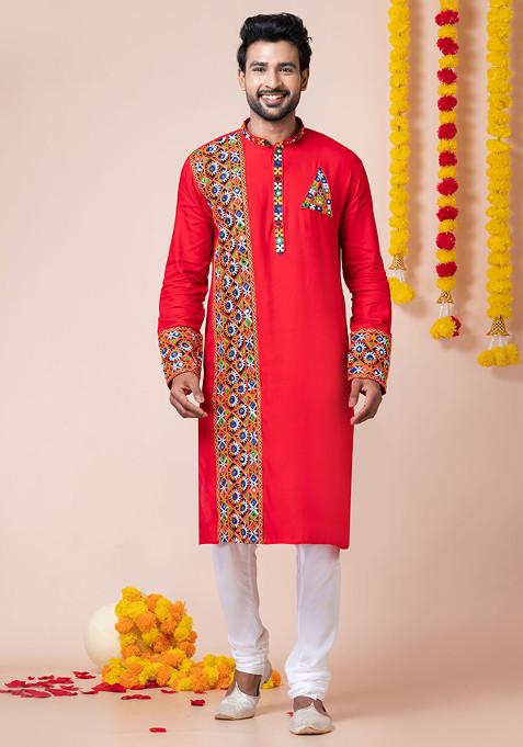 Red Embroidered Heavy Rayon Kurta Set For Men