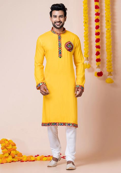 Yellow Embroidered Heavy Rayon Kurta Set For Men