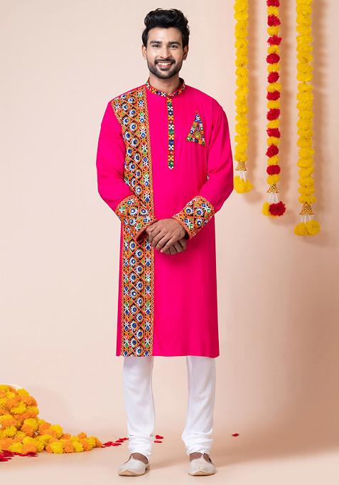 Pink Embroidered Heavy Rayon Kurta Set For Men