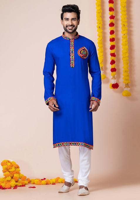 Blue Embroidered Heavy Rayon Kurta Set For Men