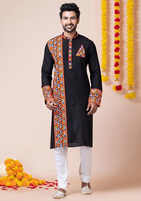 Black Embroidered Heavy Rayon Kurta Set For Men