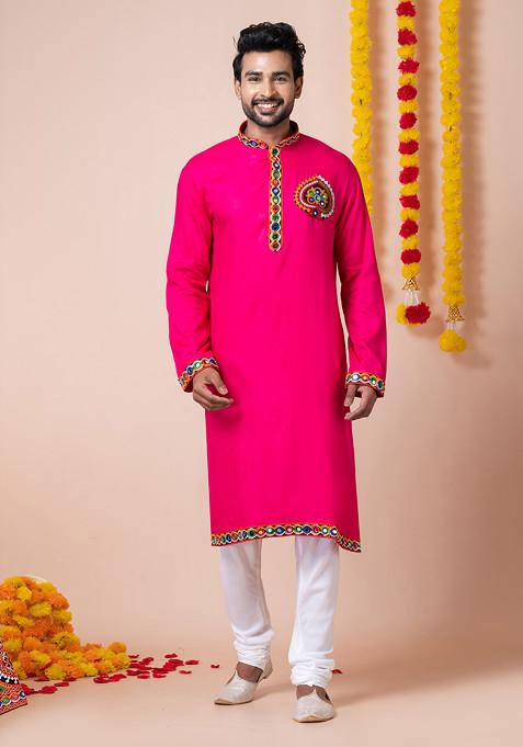 Pink Embroidered Heavy Rayon Kurta Set For Men