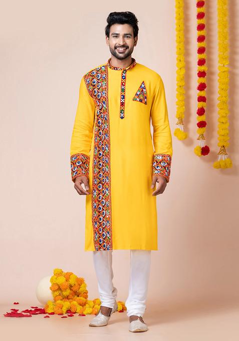 Yellow Embroidered Heavy Rayon Kurta Set For Men