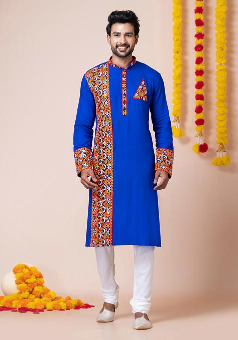 Blue Embroidered Heavy Rayon Kurta Set For Men