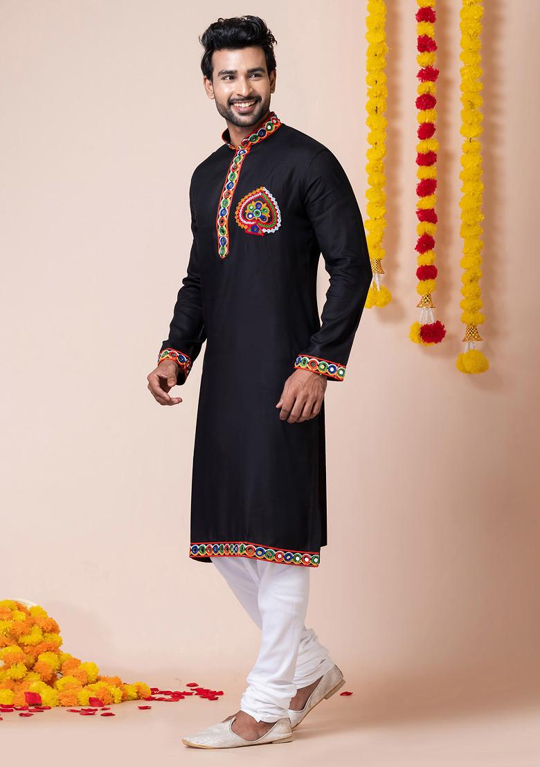 Black Embroidered Heavy Rayon Kurta Set For Men
