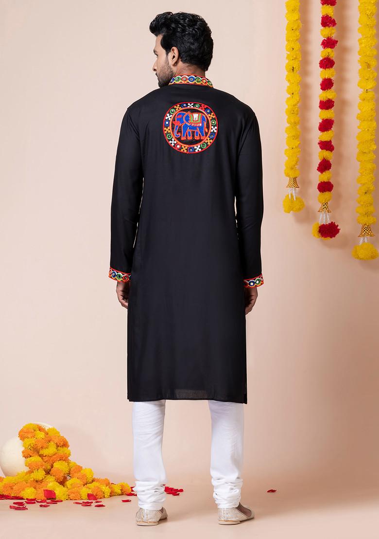 Black Embroidered Heavy Rayon Kurta Set For Men