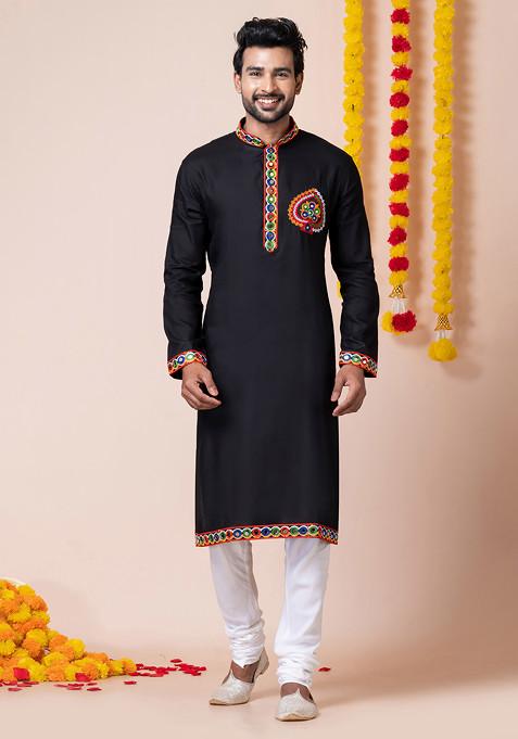 Black Embroidered Heavy Rayon Kurta Set For Men