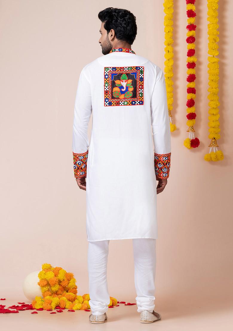 White Embroidered Heavy Rayon Kurta Set For Men