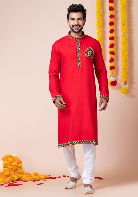 Red Embroidered Heavy Rayon Kurta Set For Men