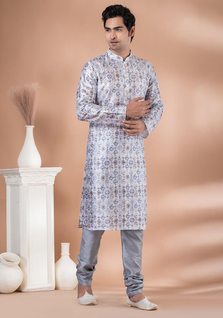 Grey Digital Print Mono Cotton Kurta Set For Men
