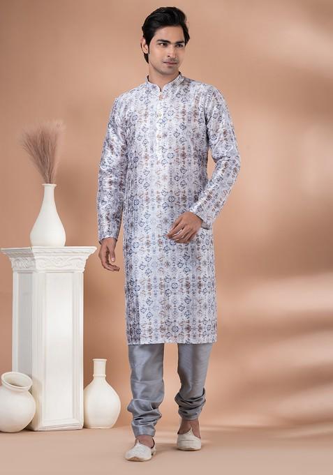 Grey Digital Print Mono Cotton Kurta Set For Men