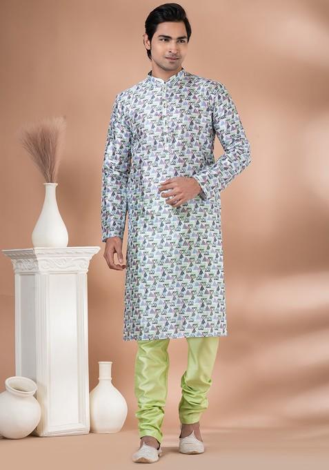 Multicolour Digital Print Mono Cotton Kurta Set For Men