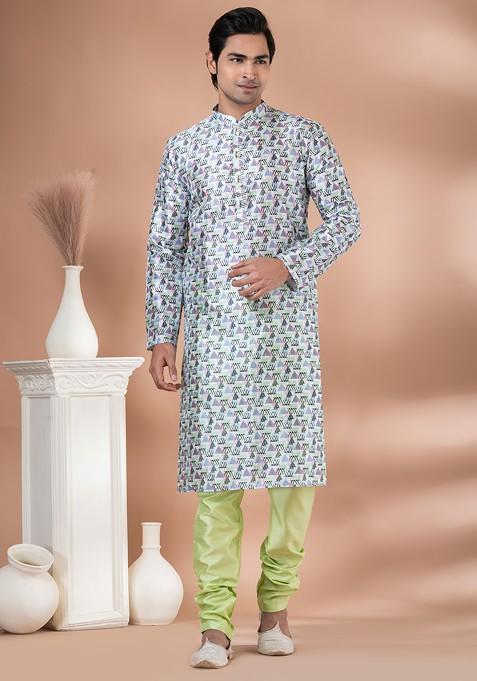 Yellow Digital Print Mono Cotton Kurta Set For Men