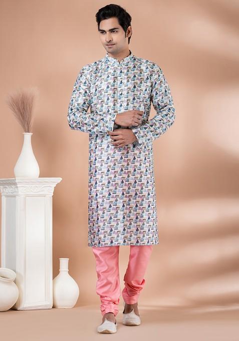 Multicolour Digital Print Mono Cotton Kurta Set For Men