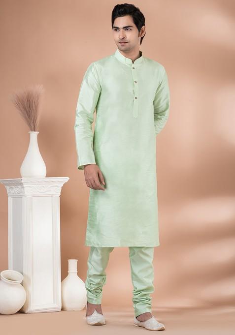 Mint Green Printed Banarasi Dupion Kurta Set For Men