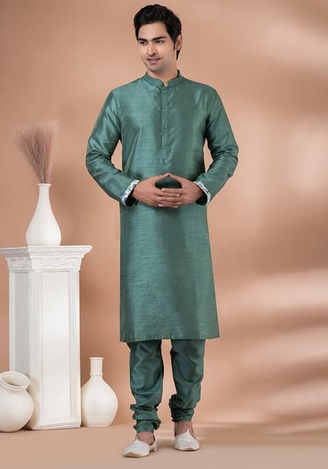 Green Printed Banarasi Dupion Kurta Set For Men