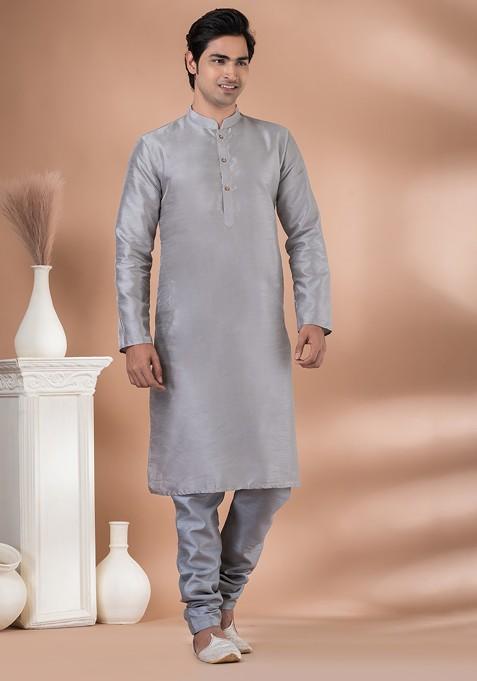 Grey Printed Banarasi Dupion Kurta Set For Men