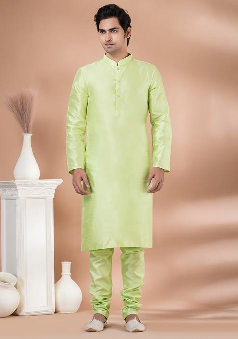 Mint Green Printed Banarasi Dupion Kurta Set For Men