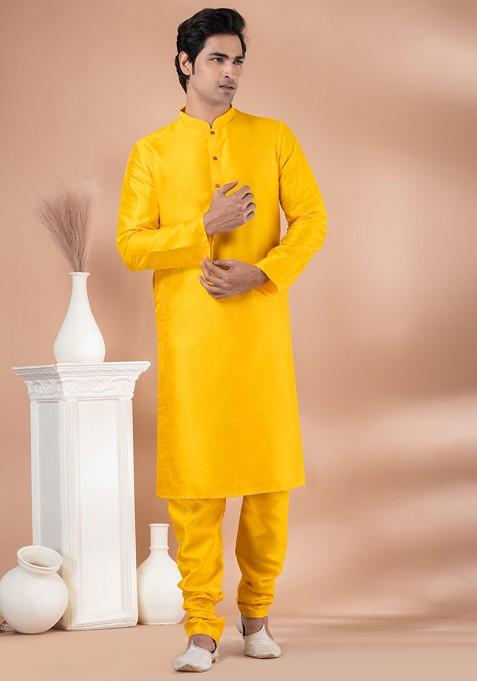 Yellow Printed Banarasi Dupion Kurta Set For Men