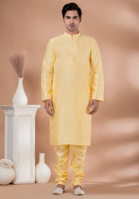 Yellow Printed Banarasi Dupion Kurta Set For Men