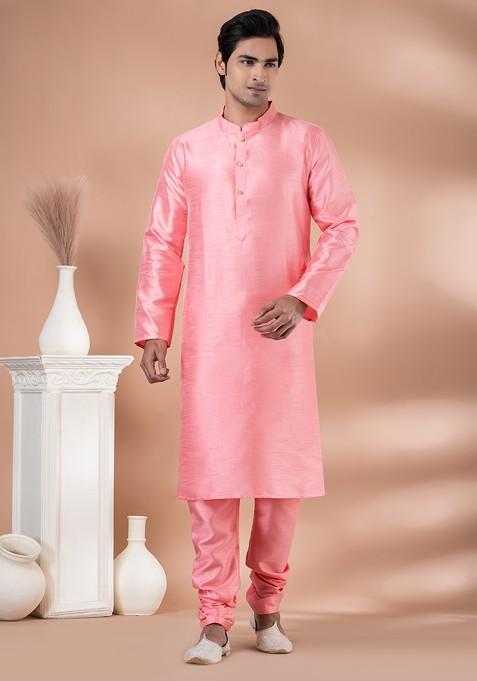 Pink Printed Banarasi Dupion Kurta Set For Men