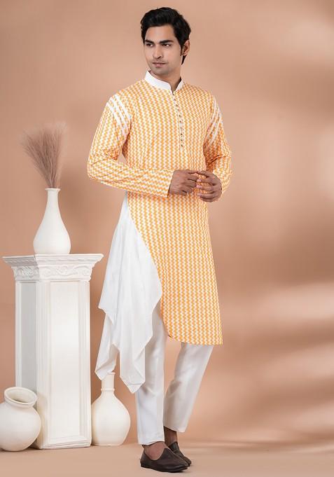 Yellow And White Printed Cotton Kurta Set For Men