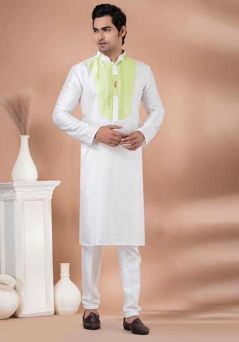 White Printed Jacquard Kurta Set For Men